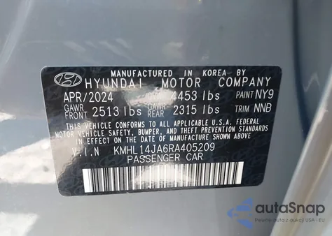 2024 Hyundai Sonata Sel from USA, damaged, VIN KMHL14JA6RA405209